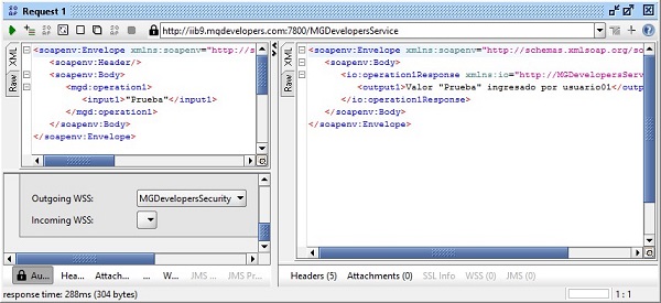 Ejecución del requerimiento en SoapUI incorporando las credenciales del usuario